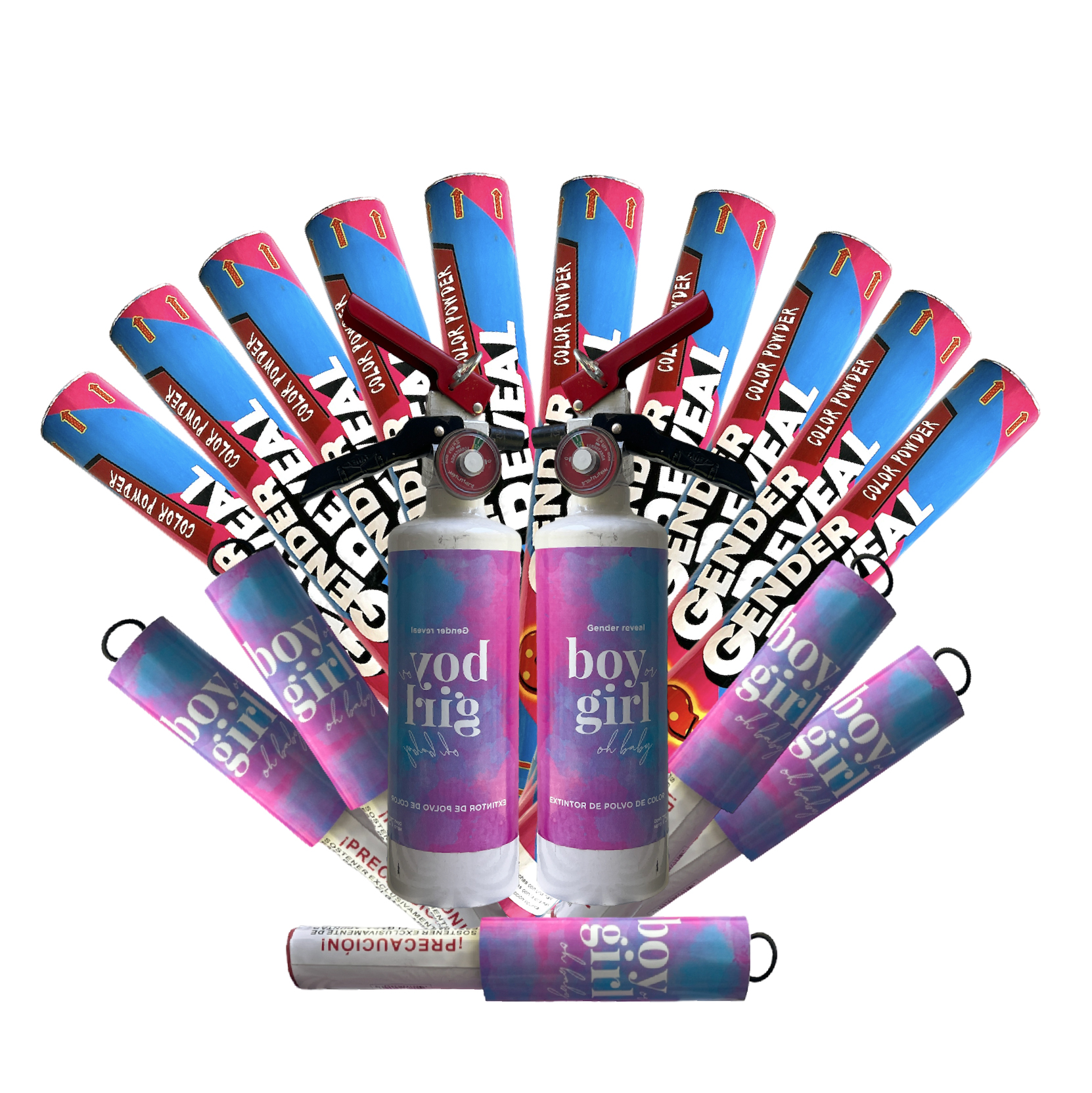 Paquete de Gender Reveal 10 Poppers de papel china, polvo 5 Bengalas de humo de argolla y 2 Extintores Azul/rosa 750 g. - Innova