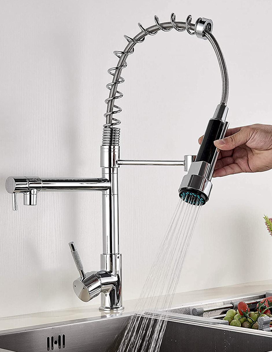 Llave Mezcladora y Grifo Para Cocina Doble Con Doble Función Haussy Acabado Cromado