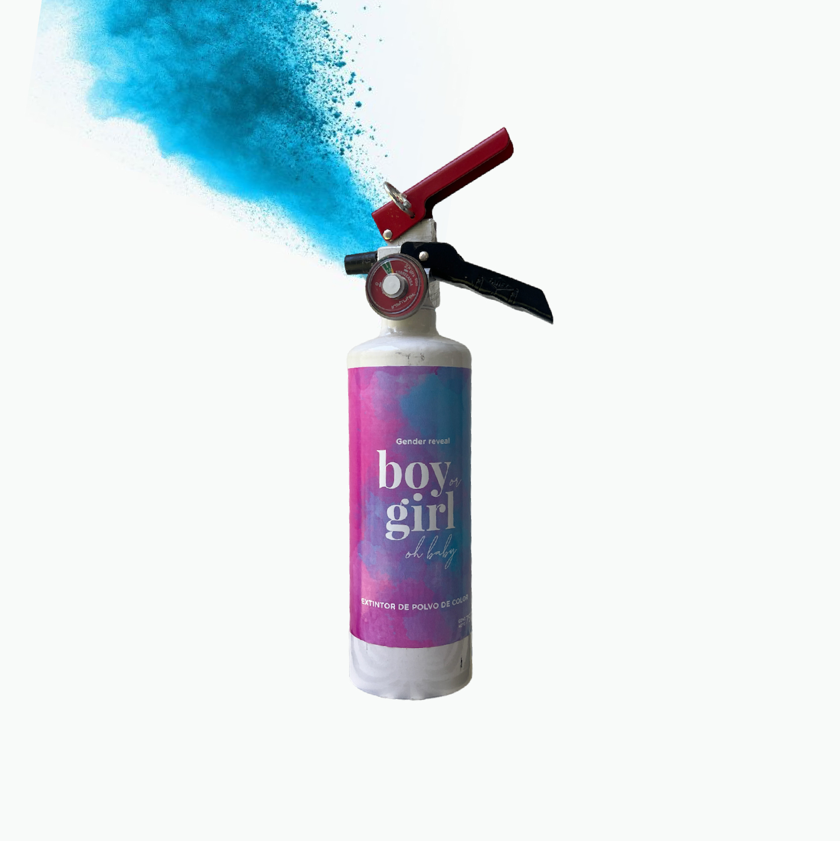 Paquete de Gender Reveal 10 Poppers de papel china, polvo 5 Bengalas de humo de argolla y 2 Extintores Azul/rosa 750 g. - Innova
