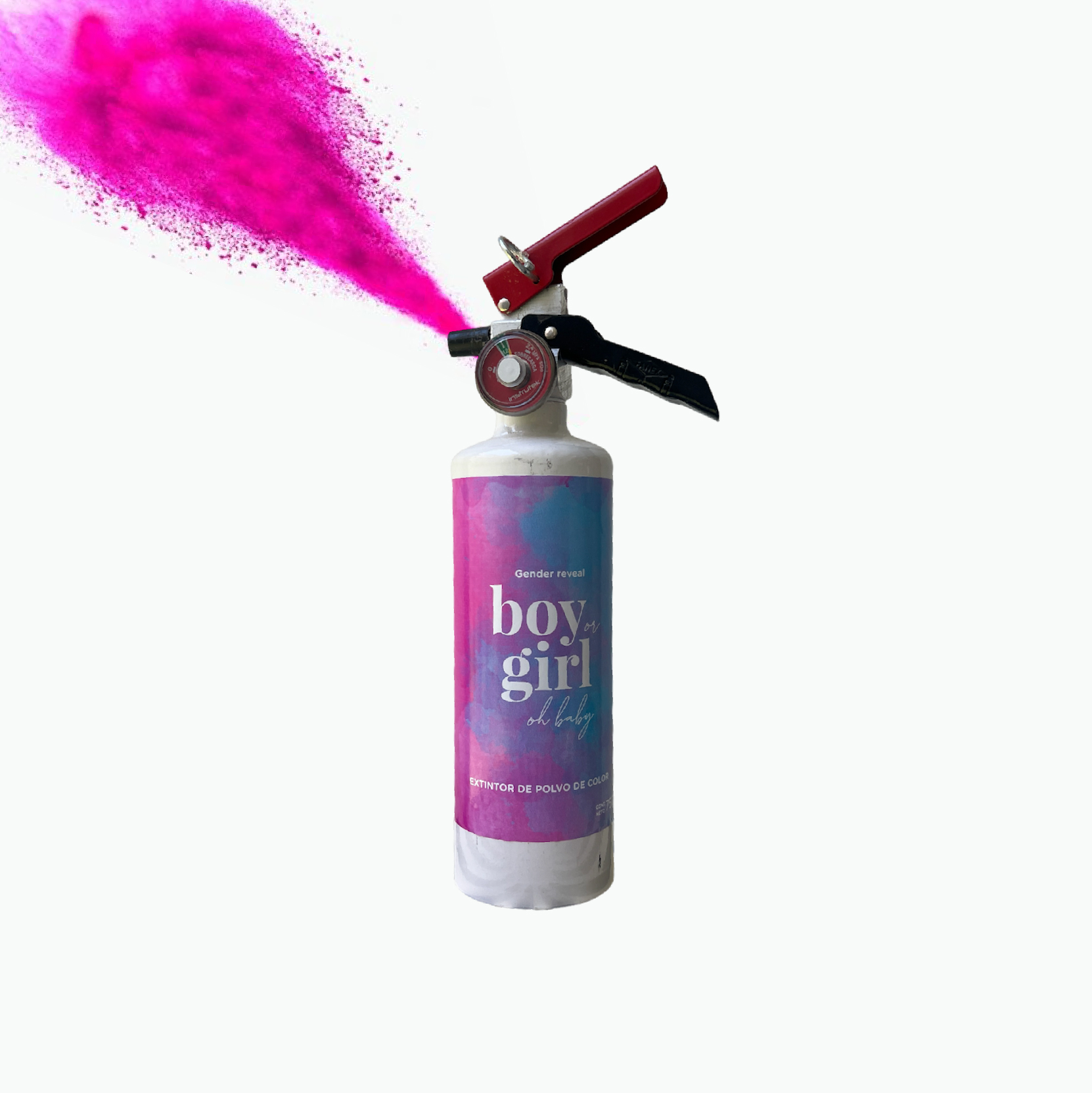 Paquete de Gender Reveal 10 Poppers de papel china, polvo 5 Bengalas de humo de argolla y 2 Extintores Azul/rosa 750 g. - Innova