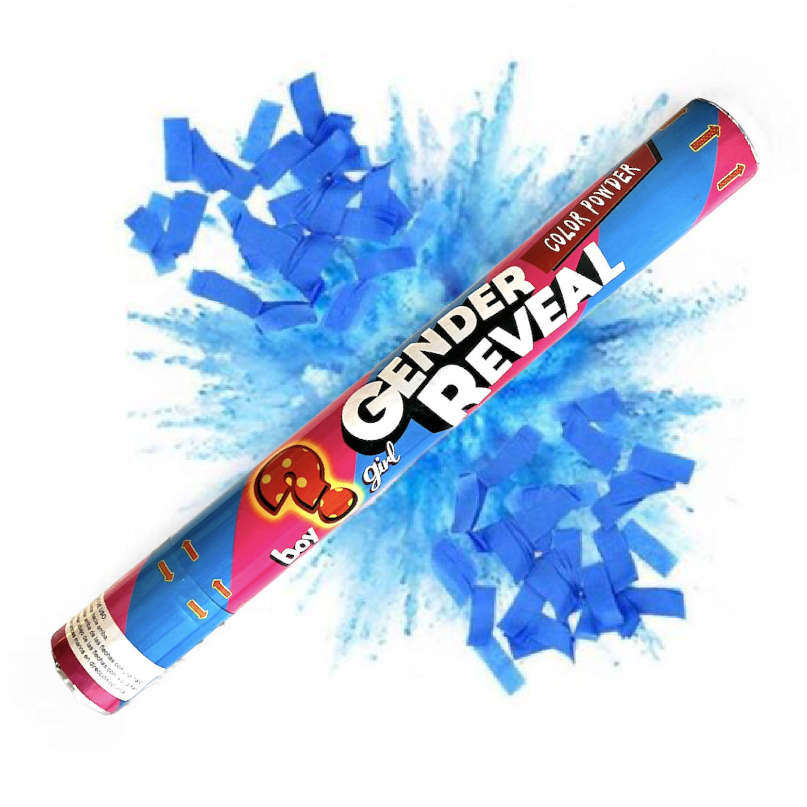 Paquete de Gender Reveal 10 Poppers de papel china, polvo 5 Bengalas de humo de argolla y 2 Extintores Azul/rosa 750 g. - Innova