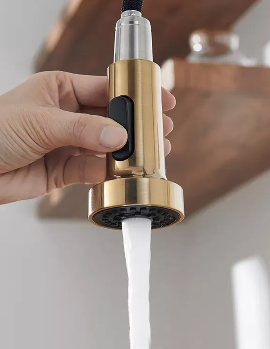 Llave Mezcladora y Grifo Para Cocina Triple Función Con Manguera Retráctil Haussy Acabado Oro