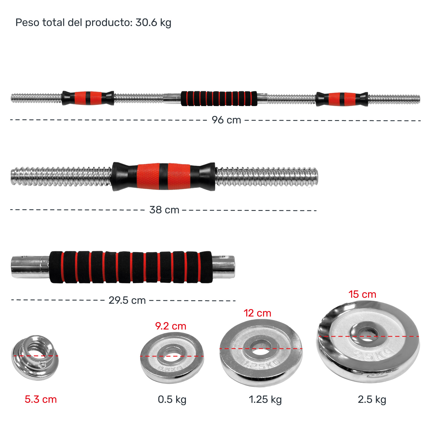 Set Mancuernas Cromadas Acero Ajustables 30 Kg 16 Pesas Barra Recta 3 En 1