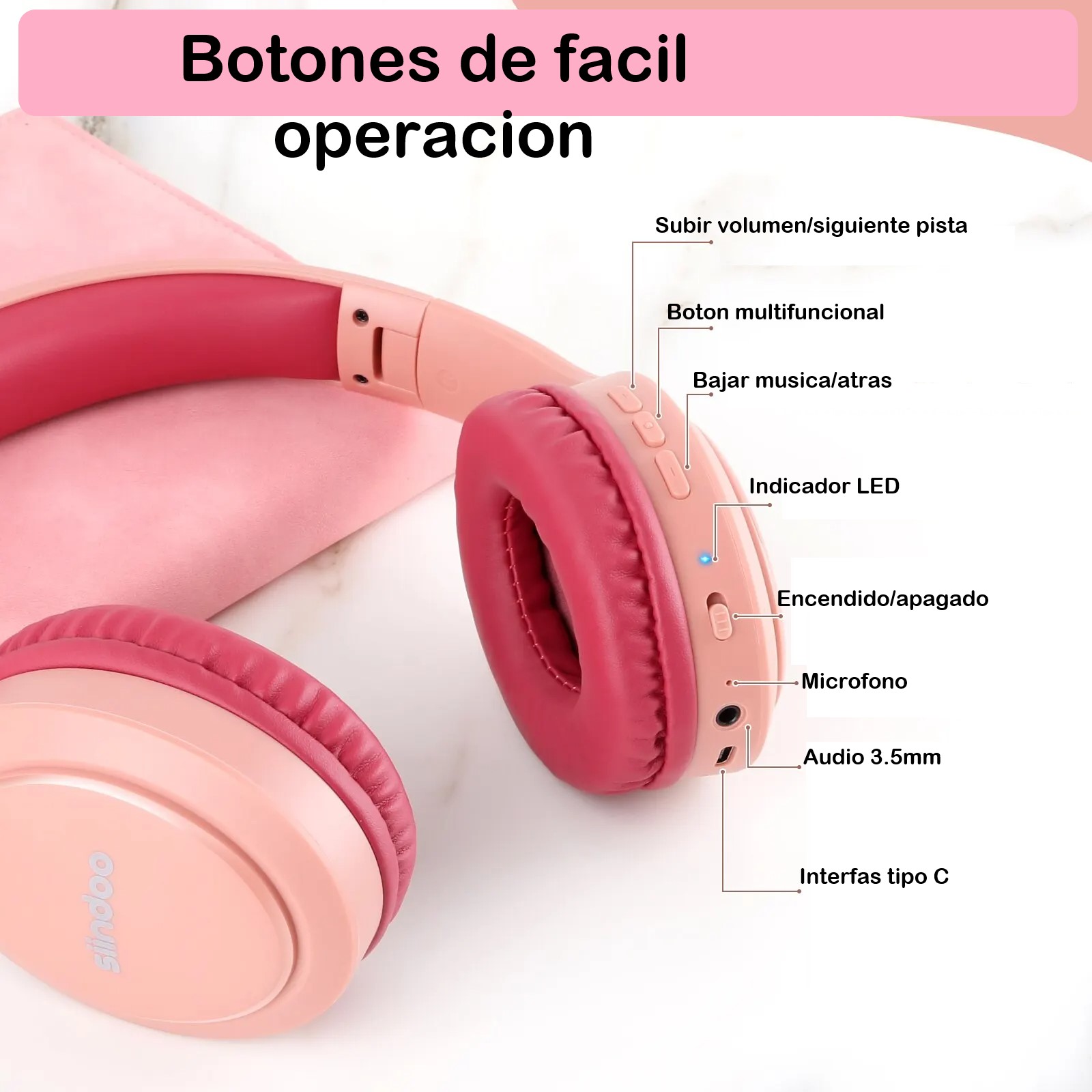 Diadema Auriculares inalámbricos con Bluetooth audífonos estéreo plegables rosa micrófono sonido HD