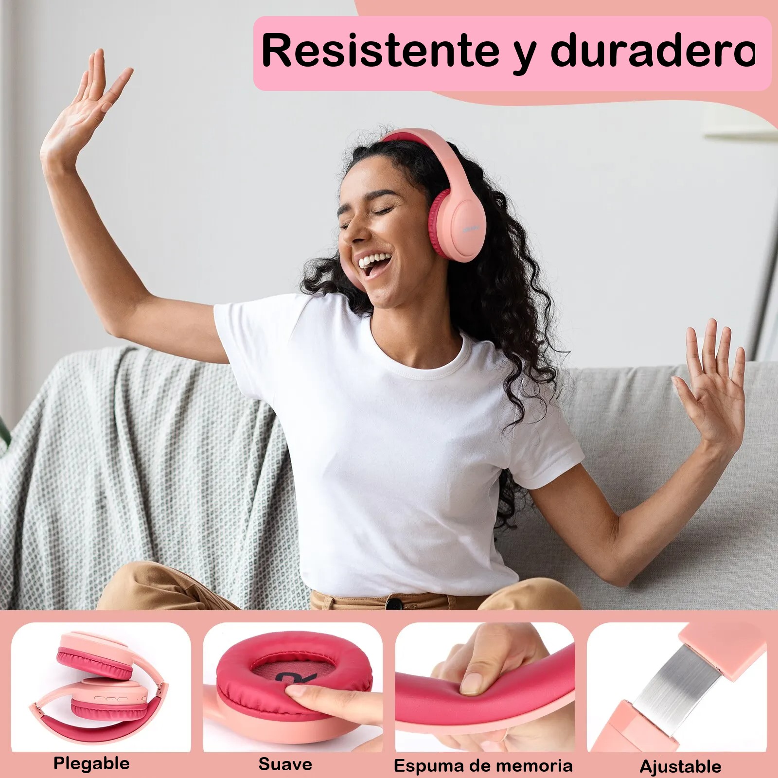 Diadema Auriculares inalámbricos con Bluetooth audífonos estéreo plegables rosa micrófono sonido HD