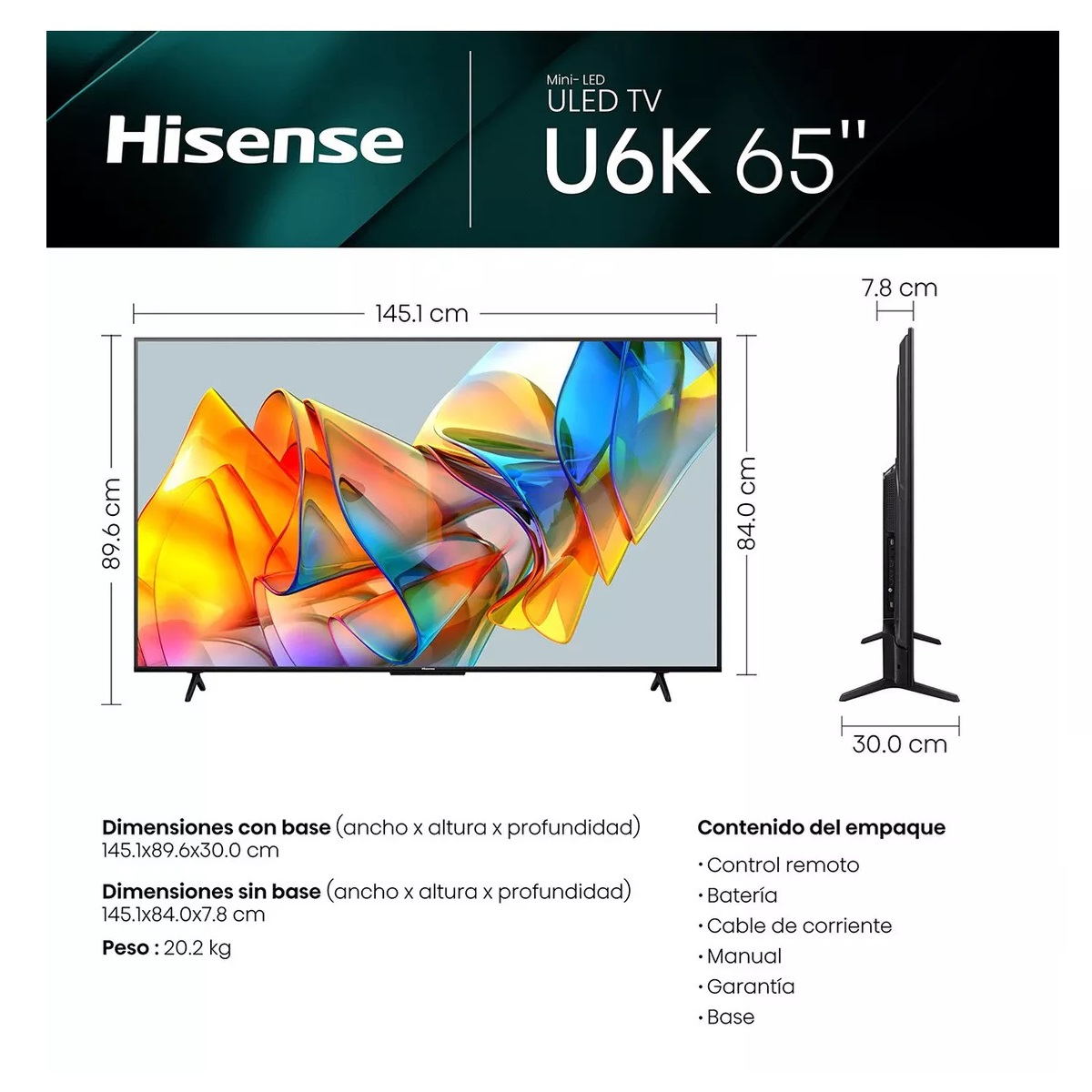 Pantalla Hisense 65 Miniled 4k Smart 65U6K Google Tv
