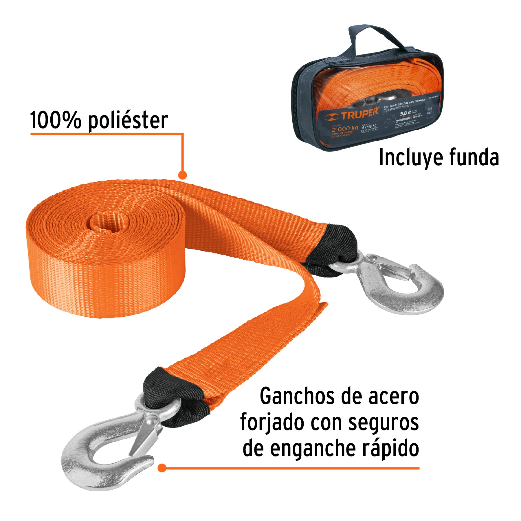 CORREA CON GANCHOS PARA REMOLQUE, 48 MM X 5.8 M, TRUPER 18344