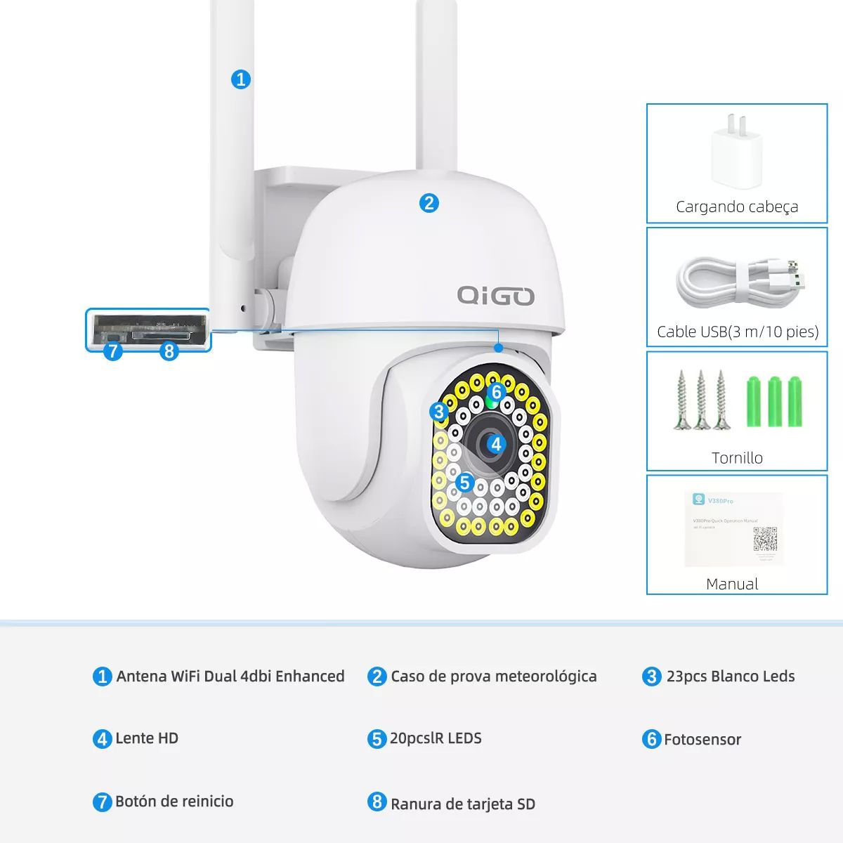 Cámara Seguridad Wifi Exterior Inalámbrica 1080p Vigilancia Blanco