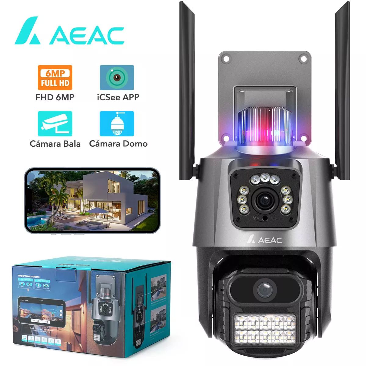 Cámara de Seguridad Wifi 2.4G Exterior 6MP Doble Lente Impermeable IP67 