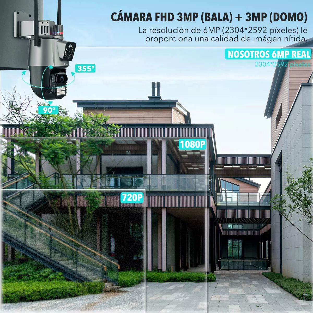 Cámara de Seguridad Wifi 2.4G Exterior 6MP Doble Lente Impermeable IP67 