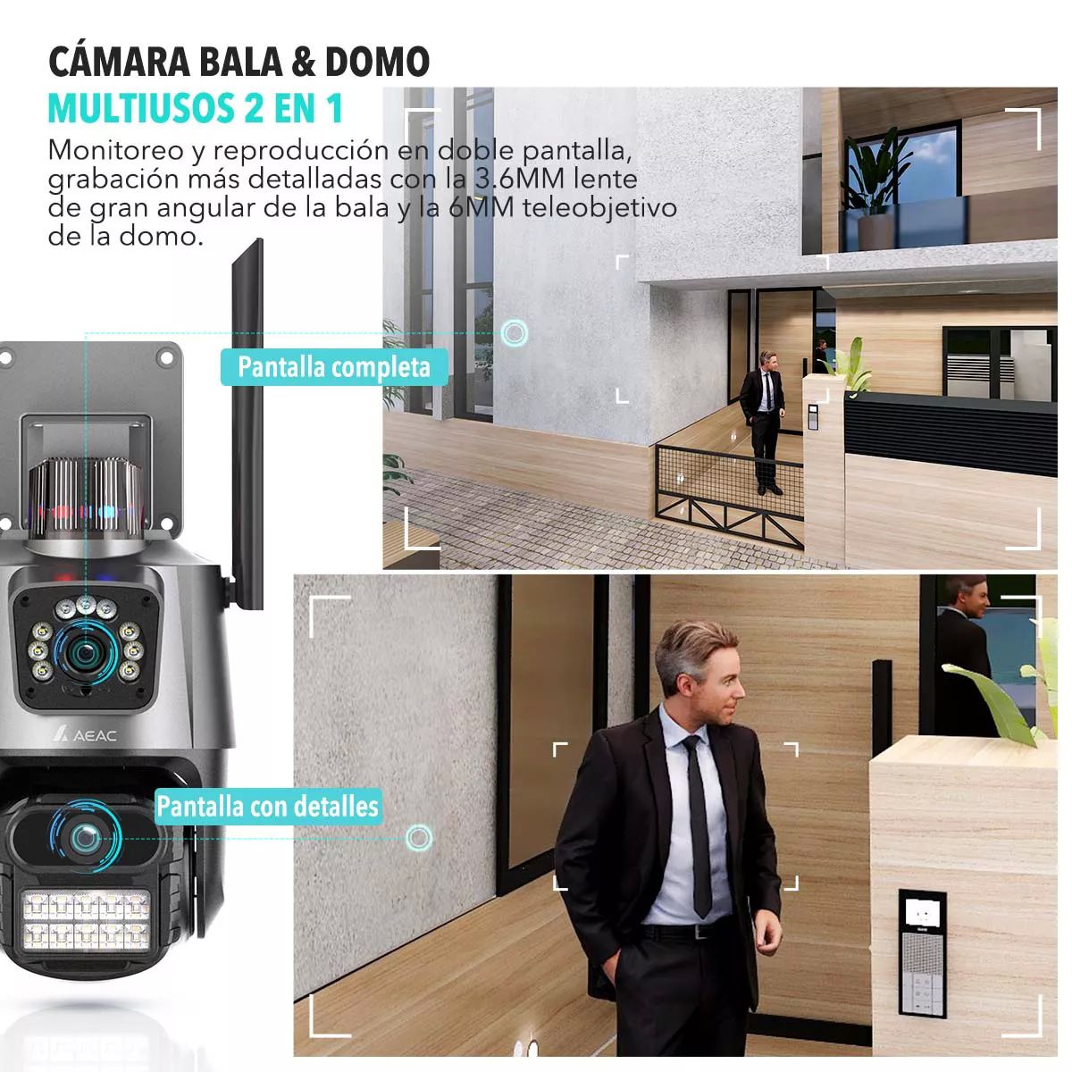 Cámara de Seguridad Wifi 2.4G Exterior 6MP Doble Lente Impermeable IP67 