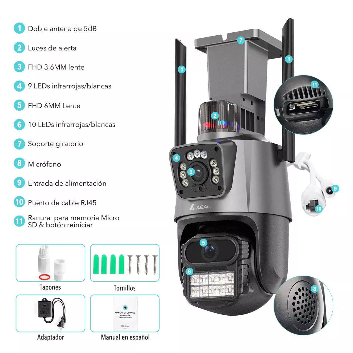 Cámara de Seguridad Wifi 2.4G Exterior 6MP Doble Lente Impermeable IP67 