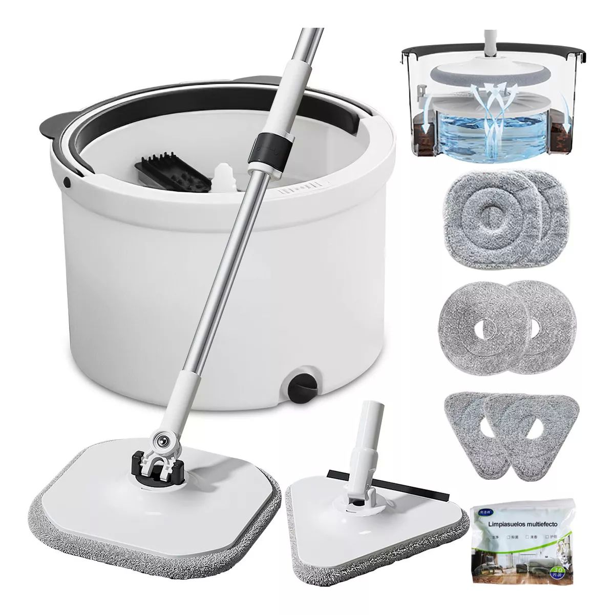 Trapeador Mop Cubeta Spin Automático 6 Paños De Repuesto