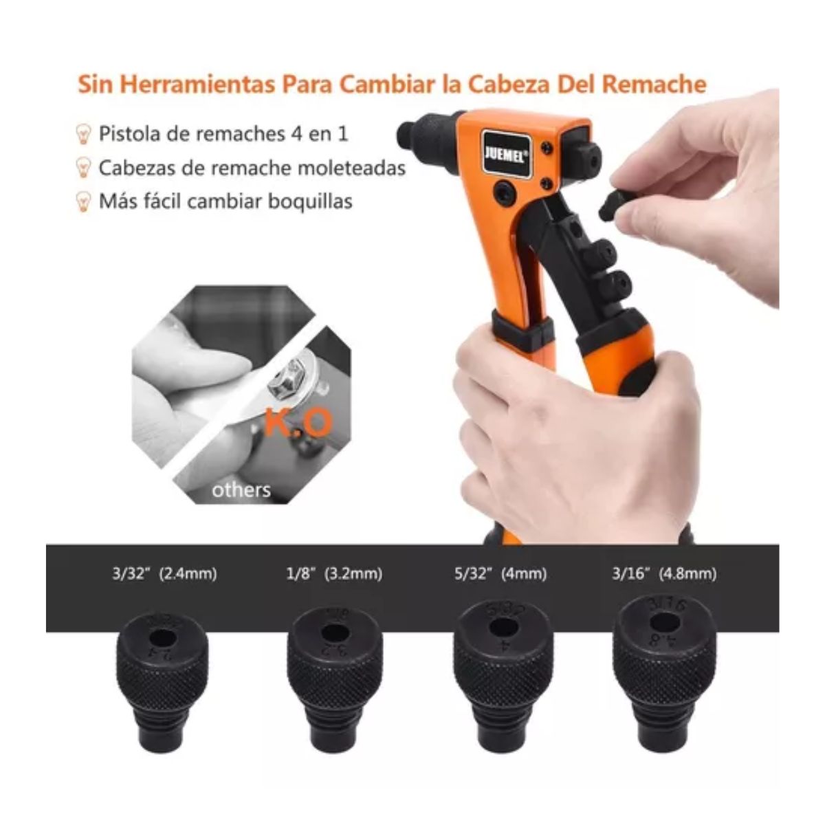 Remachadora Manual Remache Tuercas C/cambio Rapid Boquillas Naranja/Neghro