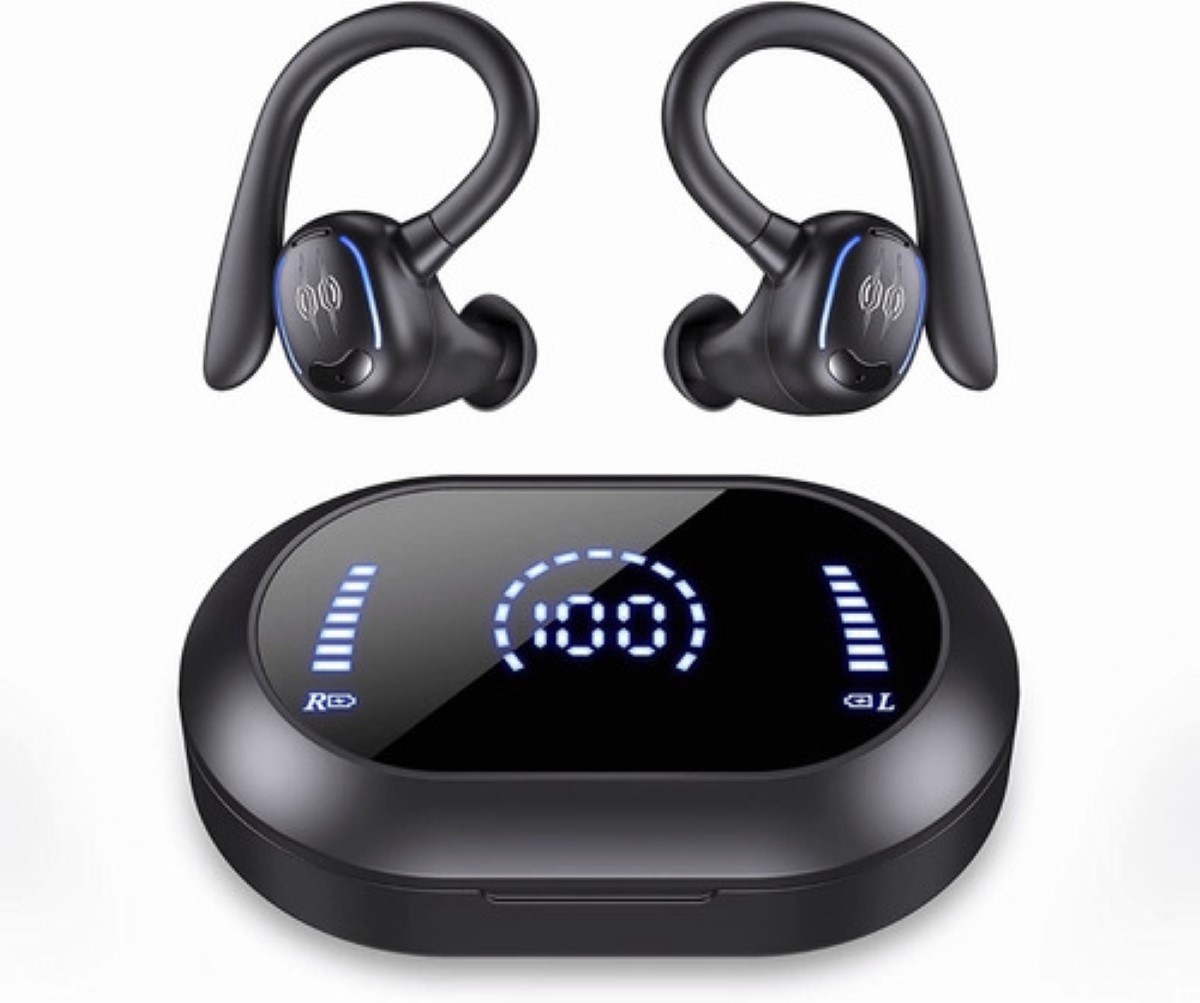 Auriculares Deportivos Inalámbricos Bluetooth Con Gancho Negro con Azul