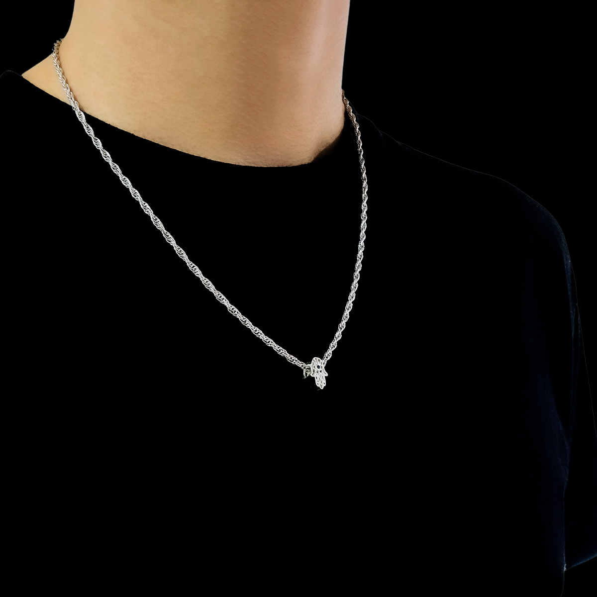 Collar Mano Fátima Plata .925 Hombre Piedra zirconia y baño de rodio