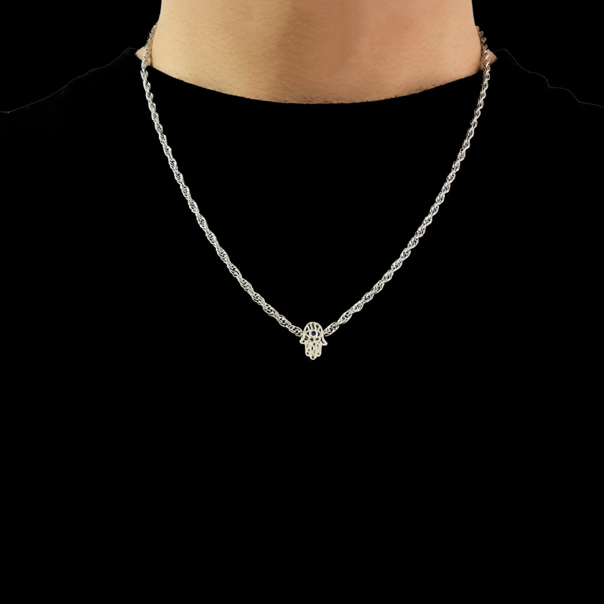 Collar Mano Fátima Plata .925 Hombre Piedra zirconia y baño de rodio
