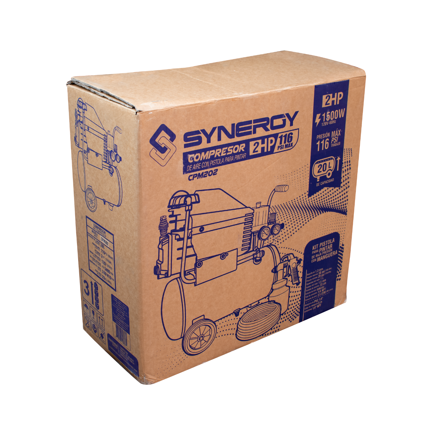 Compresor 20 lt con Pistola y manguera, 2HP, 1,500W, 116PSI