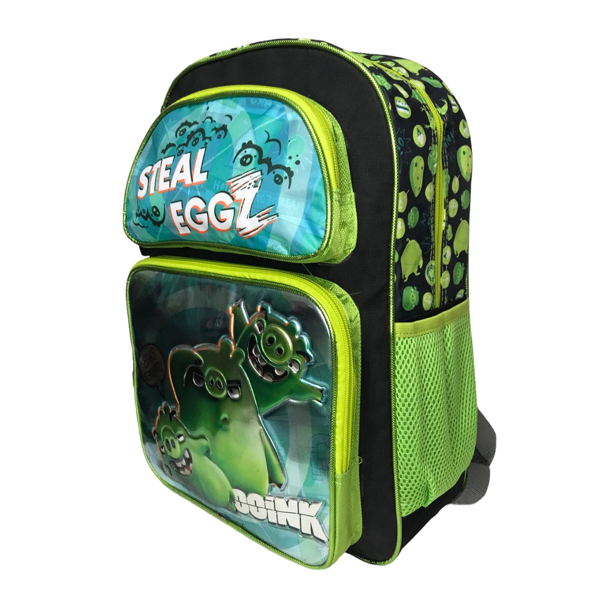 Mochila Escolar Angry Birds Cerditos Color Negro Con Verde