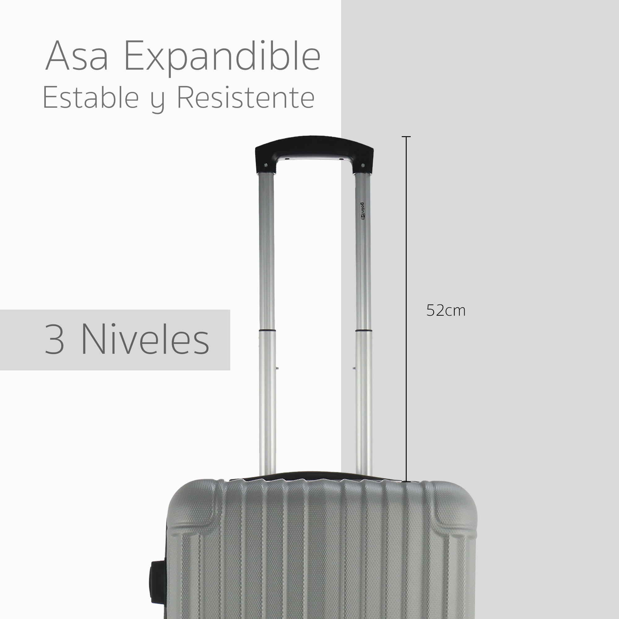 Golingo Maleta de Mano Carry On 20" Rigida Resistente Con Ruedas Giratorias 360 y removibles, Asa Expandible y Candado de Seguridad PLATA.