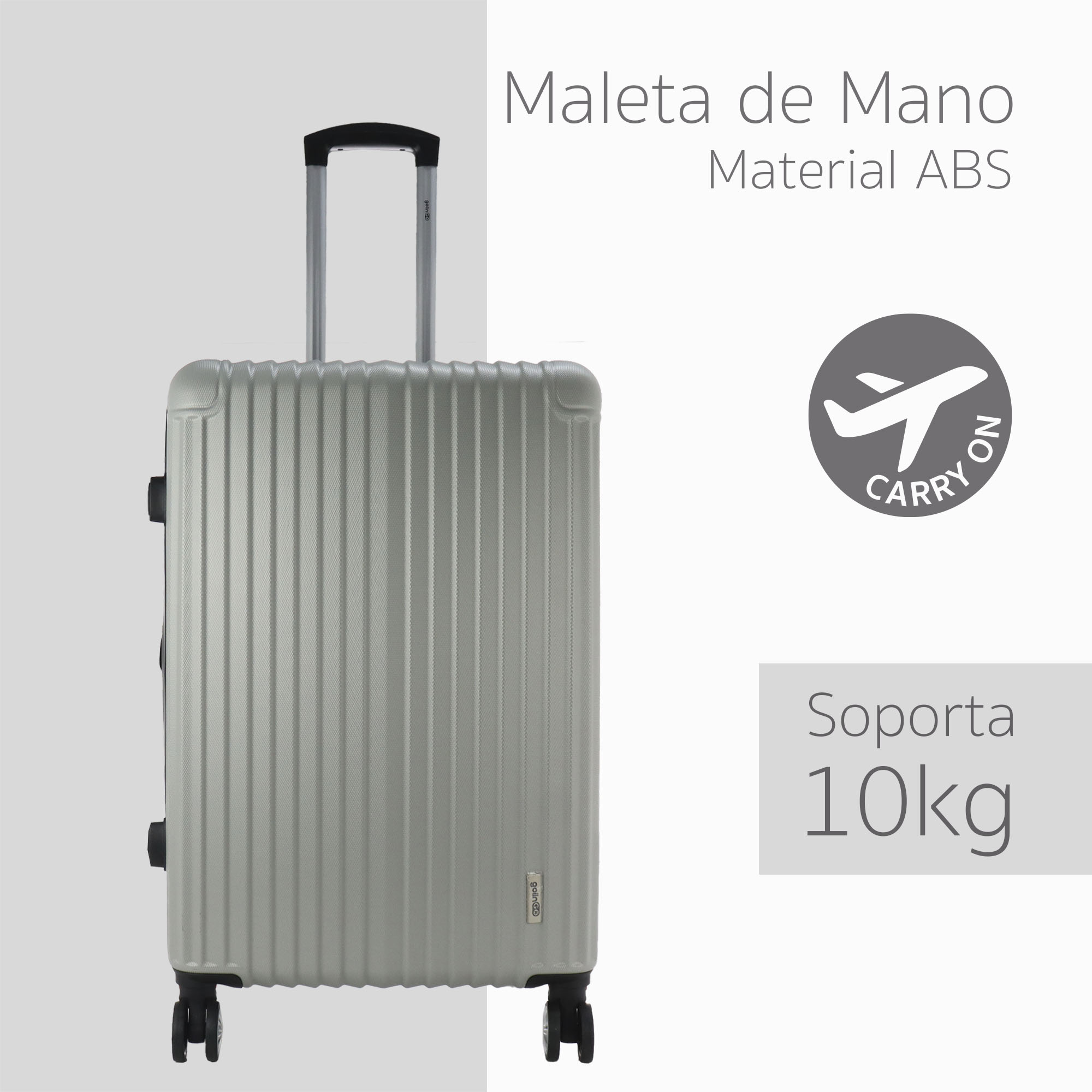 Golingo Maleta de Mano Carry On 20" Rigida Resistente Con Ruedas Giratorias 360 y removibles, Asa Expandible y Candado de Seguridad PLATA.