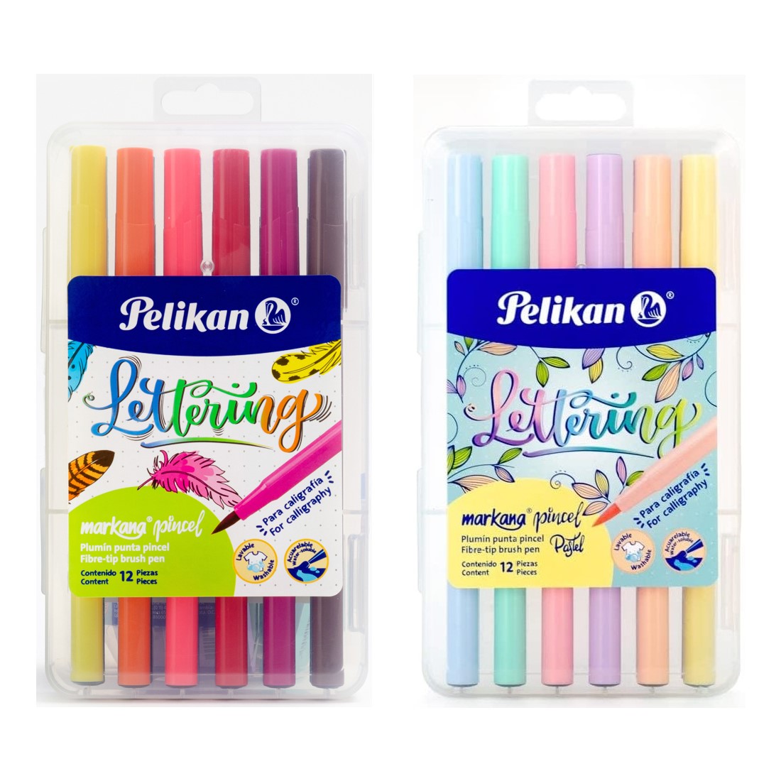 Pelikan Lettering Markana Pincel, Set de 24 Marcadores de Punta Pincel, Colores Surtidos y Pastel, Tinta Base Agua, Estuche Rígido