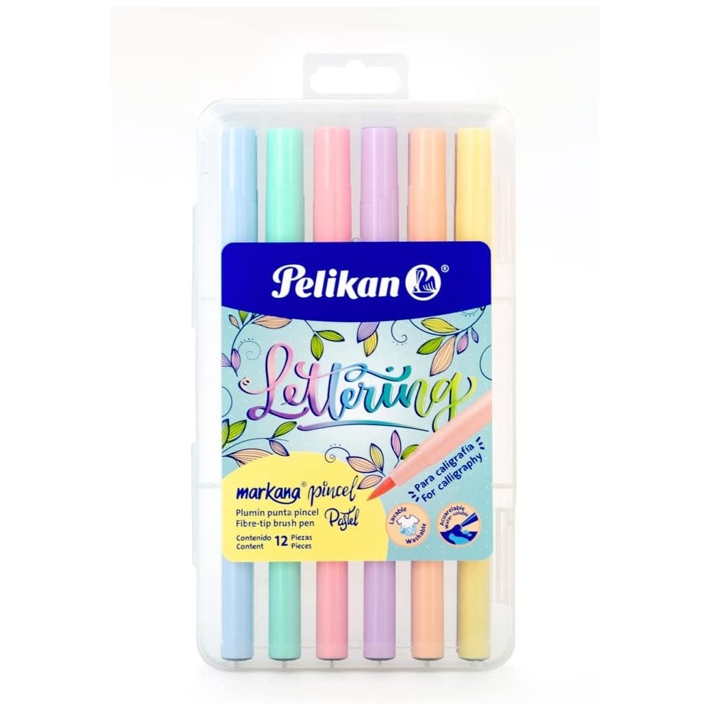 Pelikan Lettering Markana Pincel, Set de 24 Marcadores de Punta Pincel, Colores Surtidos y Pastel, Tinta Base Agua, Estuche Rígido