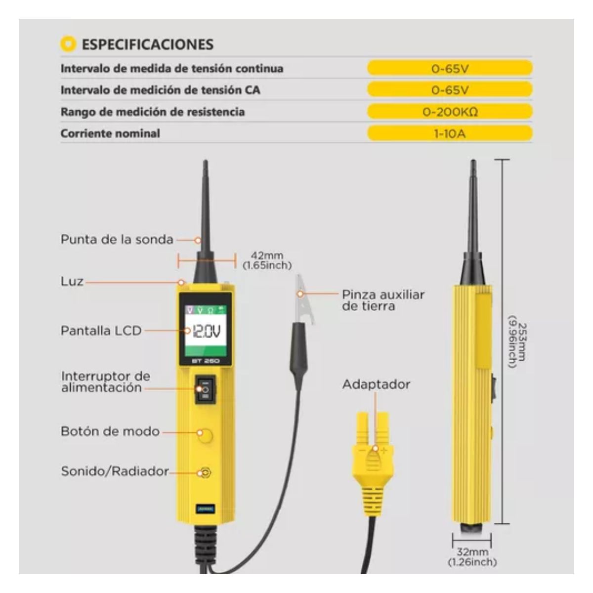 Tester Para Circuito Automotriz Autool Bt260 Para 6v/12v/24v Amarillo/Negro