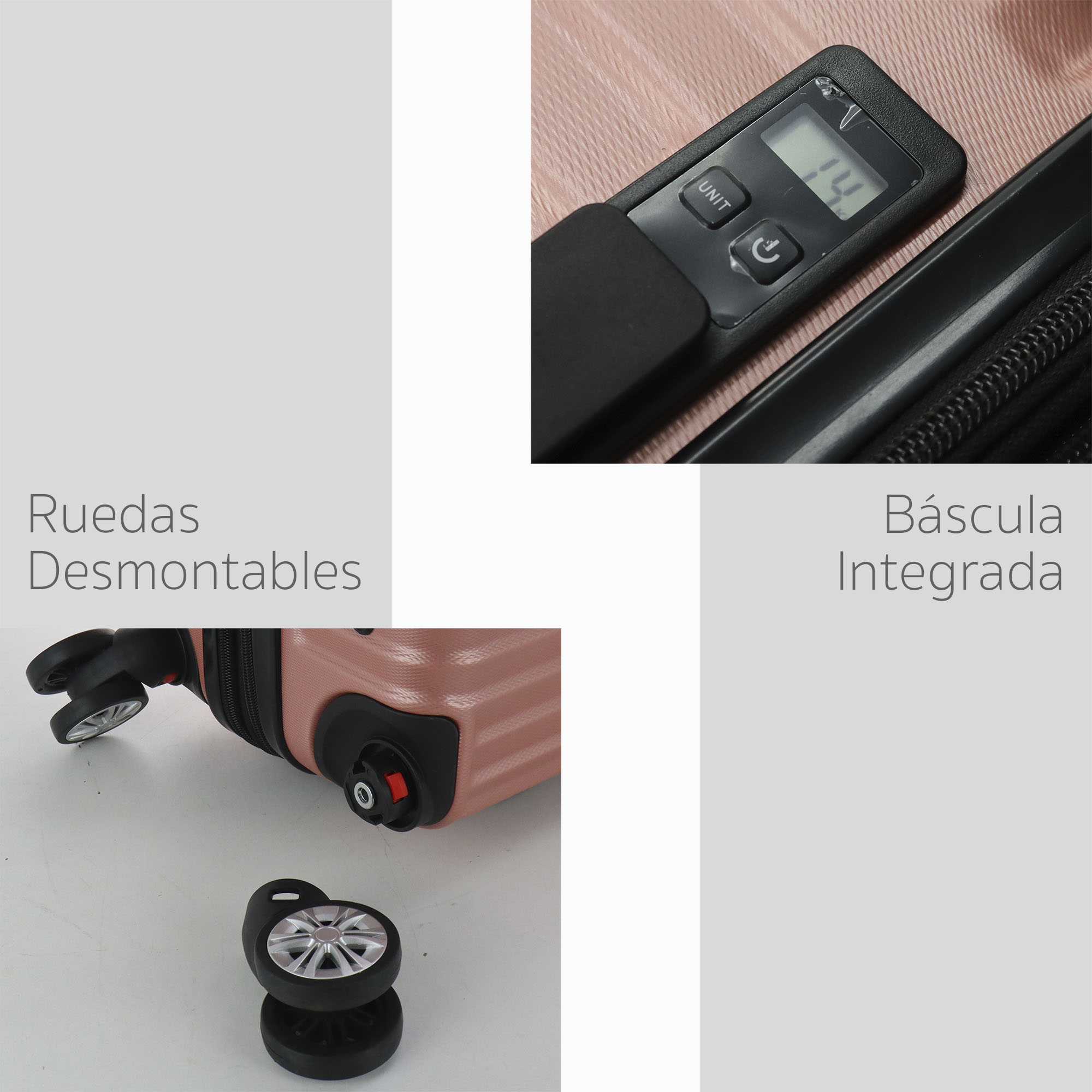Maleta Set de 3 piezas Resistentes Rigidas Con Ruedas Giratorias removibles Asa Expandible TSA con Báscula integrada 14,18,26" ORO ROSA