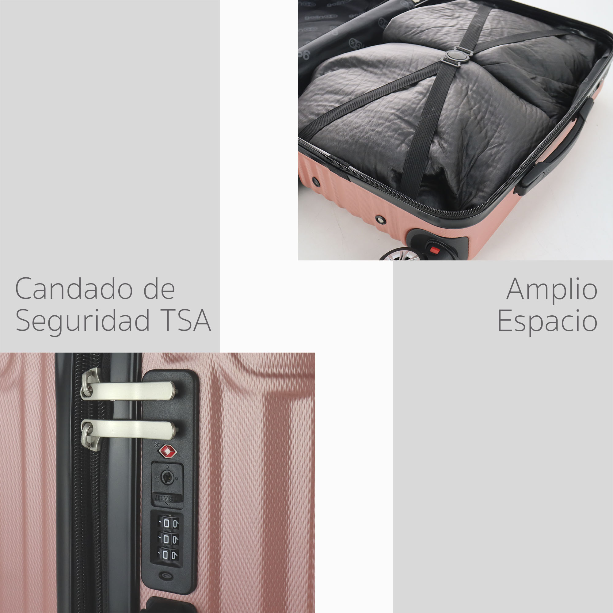 Maleta Set de 3 piezas Resistentes Rigidas Con Ruedas Giratorias removibles Asa Expandible TSA con Báscula integrada 14,18,26" ORO ROSA
