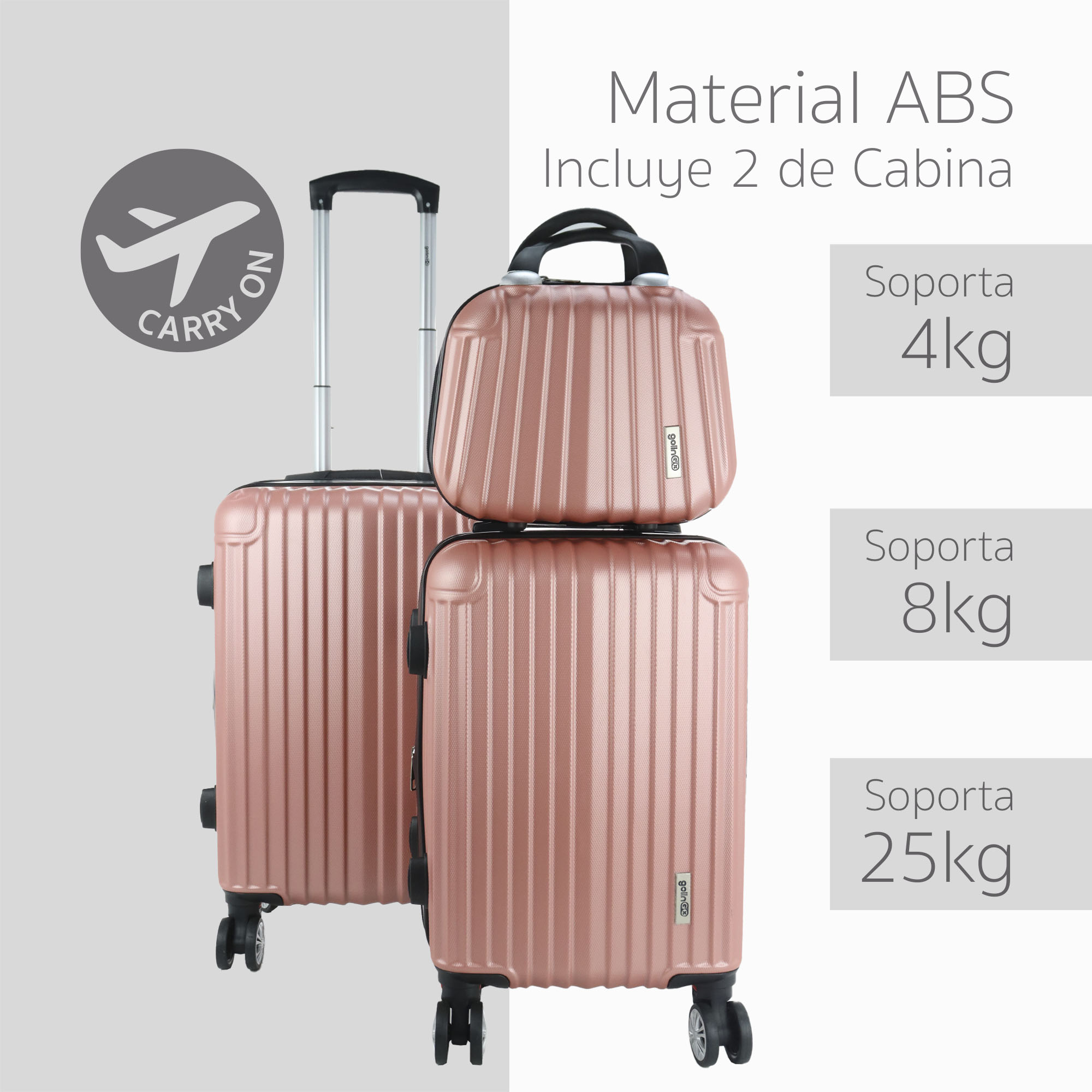 Maleta Set de 3 piezas Resistentes Rigidas Con Ruedas Giratorias removibles Asa Expandible TSA con Báscula integrada 14,18,26" ORO ROSA