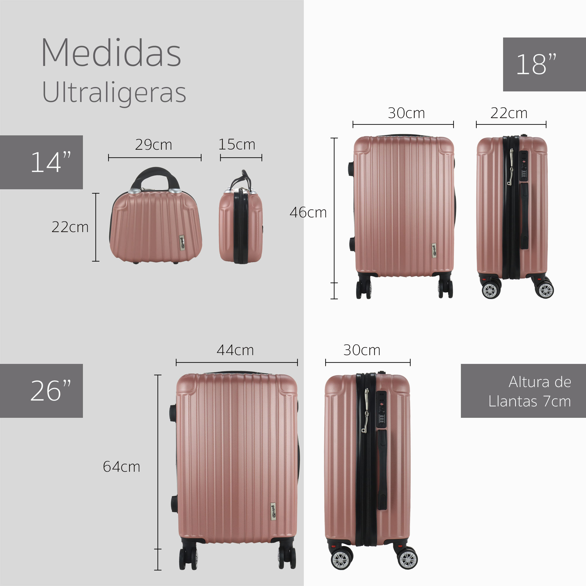 Maleta Set de 3 piezas Resistentes Rigidas Con Ruedas Giratorias removibles Asa Expandible TSA con Báscula integrada 14,18,26" ORO ROSA