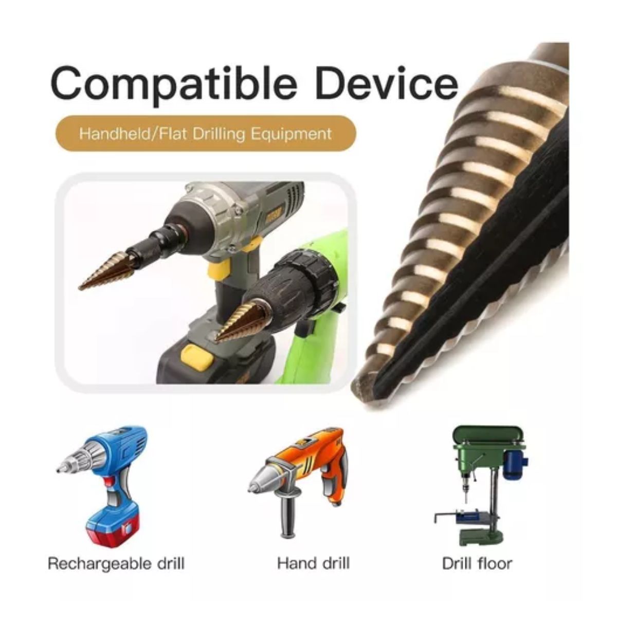 Broca Escalonada De Acero + Estuche De Aluminio, 5 Piezas, Dorado