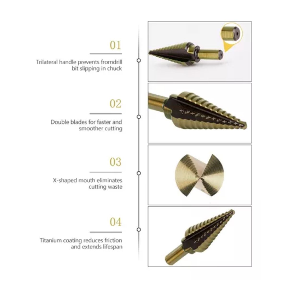 Broca Escalonada De Acero + Estuche De Aluminio, 5 Piezas, Dorado