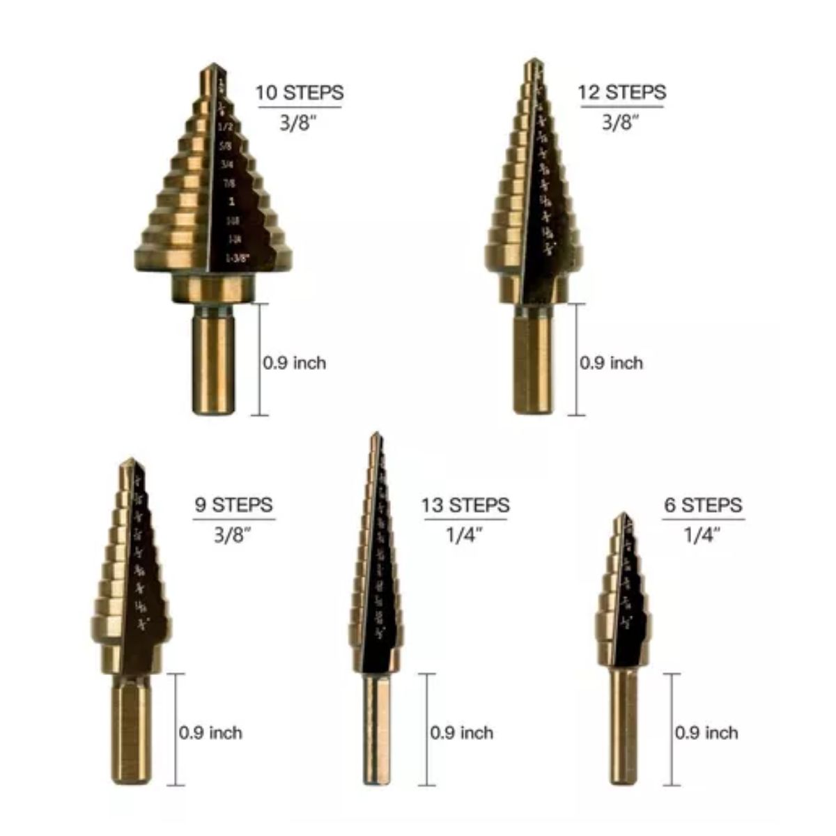 Broca Escalonada De Acero + Estuche De Aluminio, 5 Piezas, Dorado