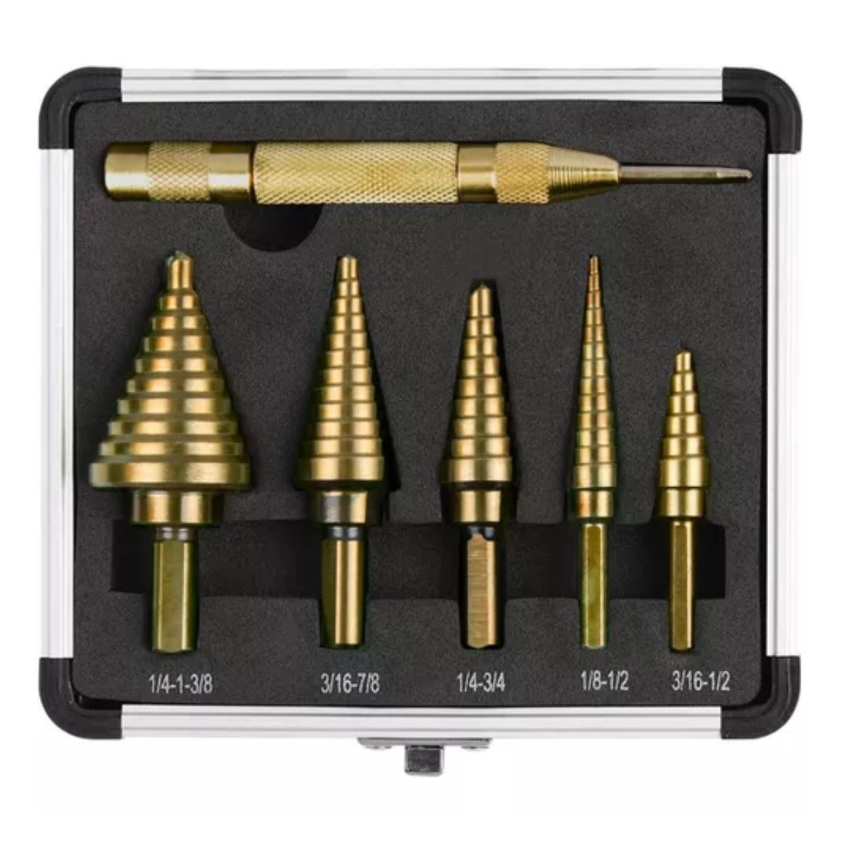 Broca Escalonada De Acero + Estuche De Aluminio, 5 Piezas, Dorado