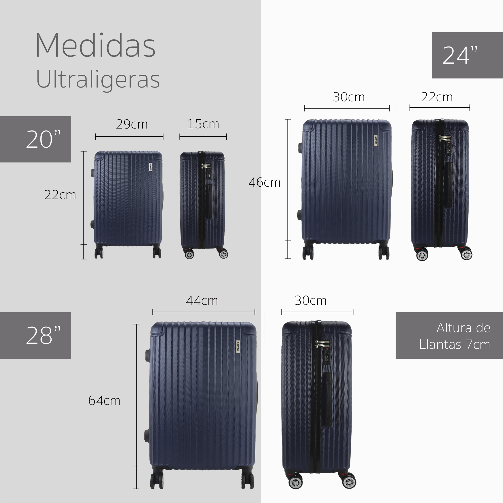 Maleta Set de 3 piezas Resistentes Rigidas Con Ruedas Giratorias removibles Asa Expandible TSA con Báscula integrada 20,24,28" AZUL