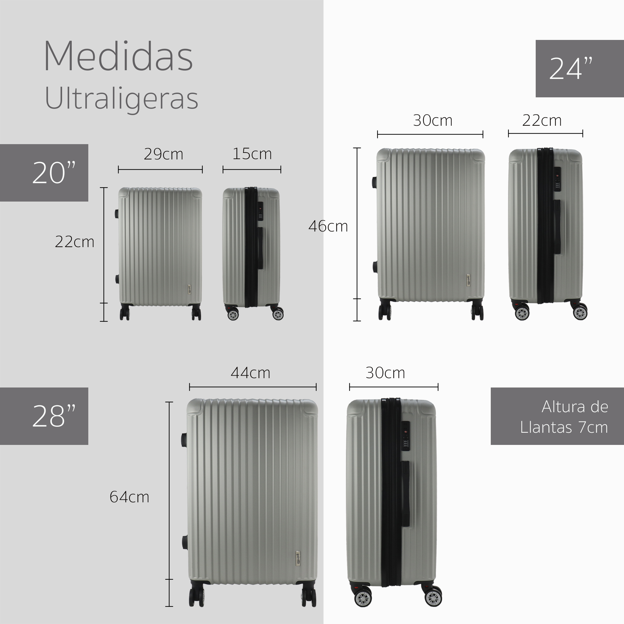 Maleta Set de 3 piezas Resistentes Rigidas Con Ruedas Giratorias removibles Asa Expandible TSA con Báscula integrada 20,24,28" PLATA