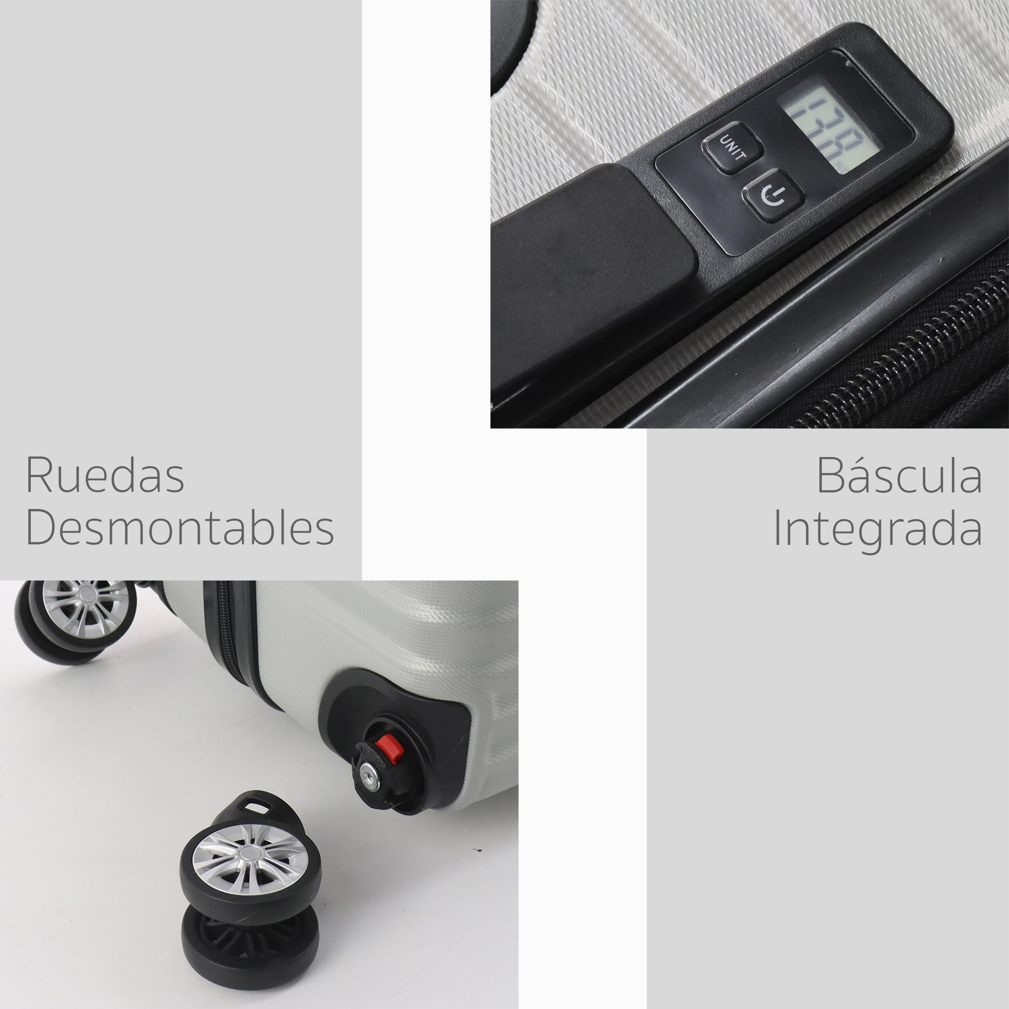 Maleta Set de 3 piezas Resistentes Rigidas Con Ruedas Giratorias removibles Asa Expandible TSA con Báscula integrada 20,24,28" PLATA