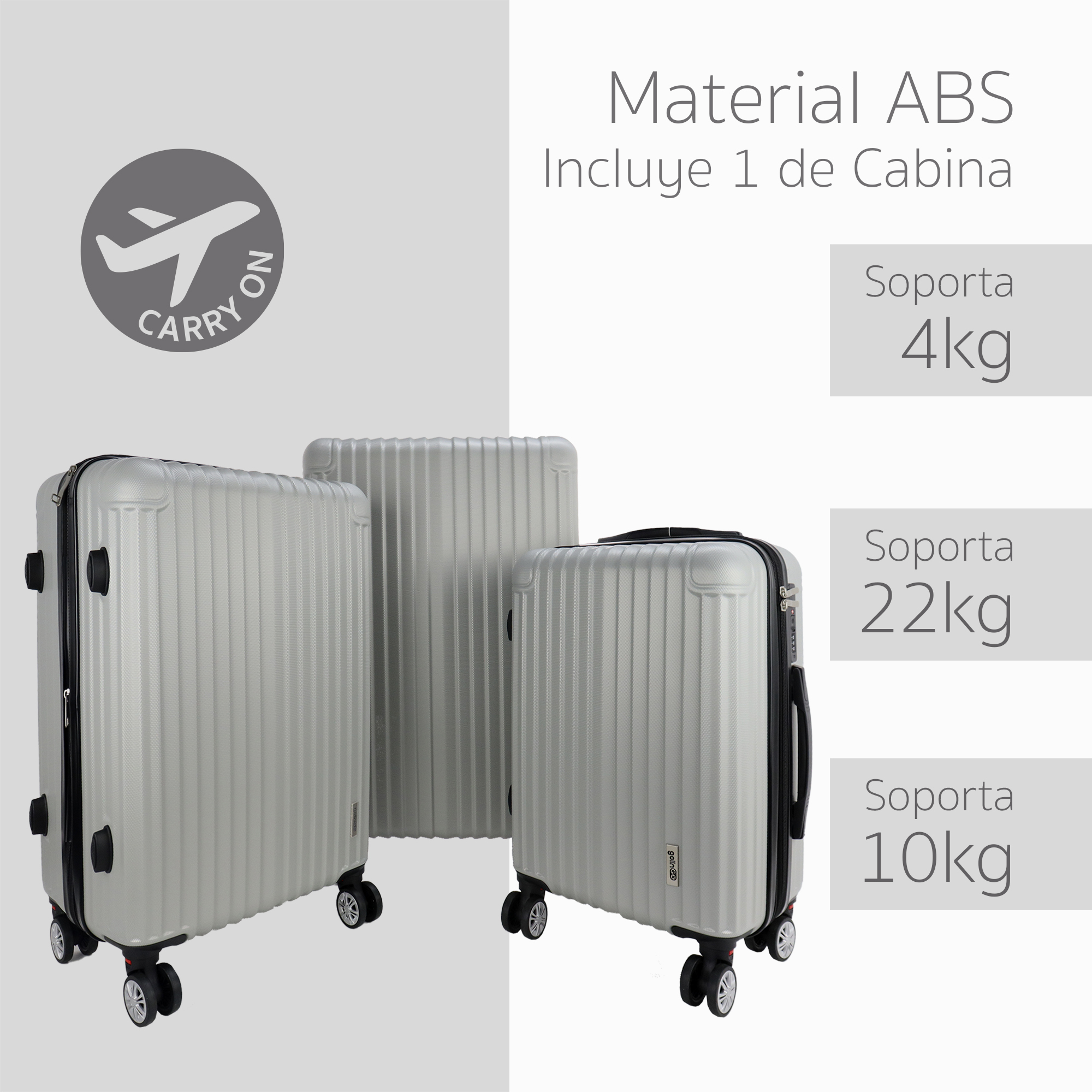 Maleta Set de 3 piezas Resistentes Rigidas Con Ruedas Giratorias removibles Asa Expandible TSA con Báscula integrada 20,24,28" PLATA