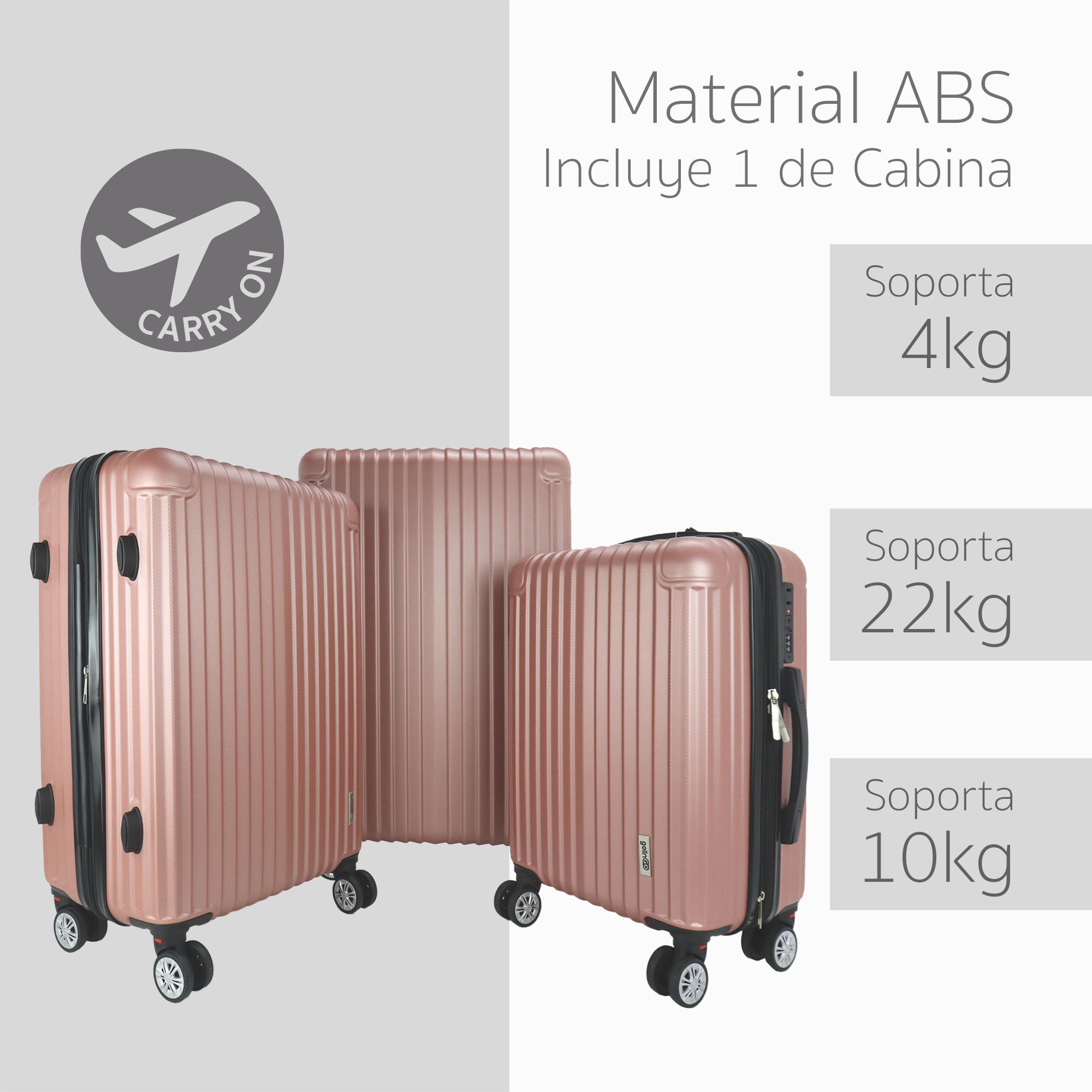 Maleta Set de 3 piezas Resistentes Rigidas Con Ruedas Giratorias removibles Asa Expandible TSA con Báscula integrada 20,24,28" ORO ROSA
