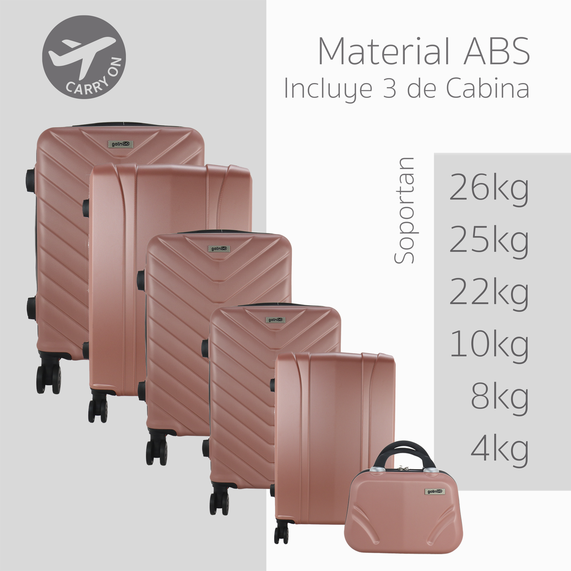 Maleta Set de 6 piezas Resistentes Rigidas Con Ruedas Giratorias removibles Asa Expandible TSA con Candado 14,18,20,24,26,28" ORO ROSA