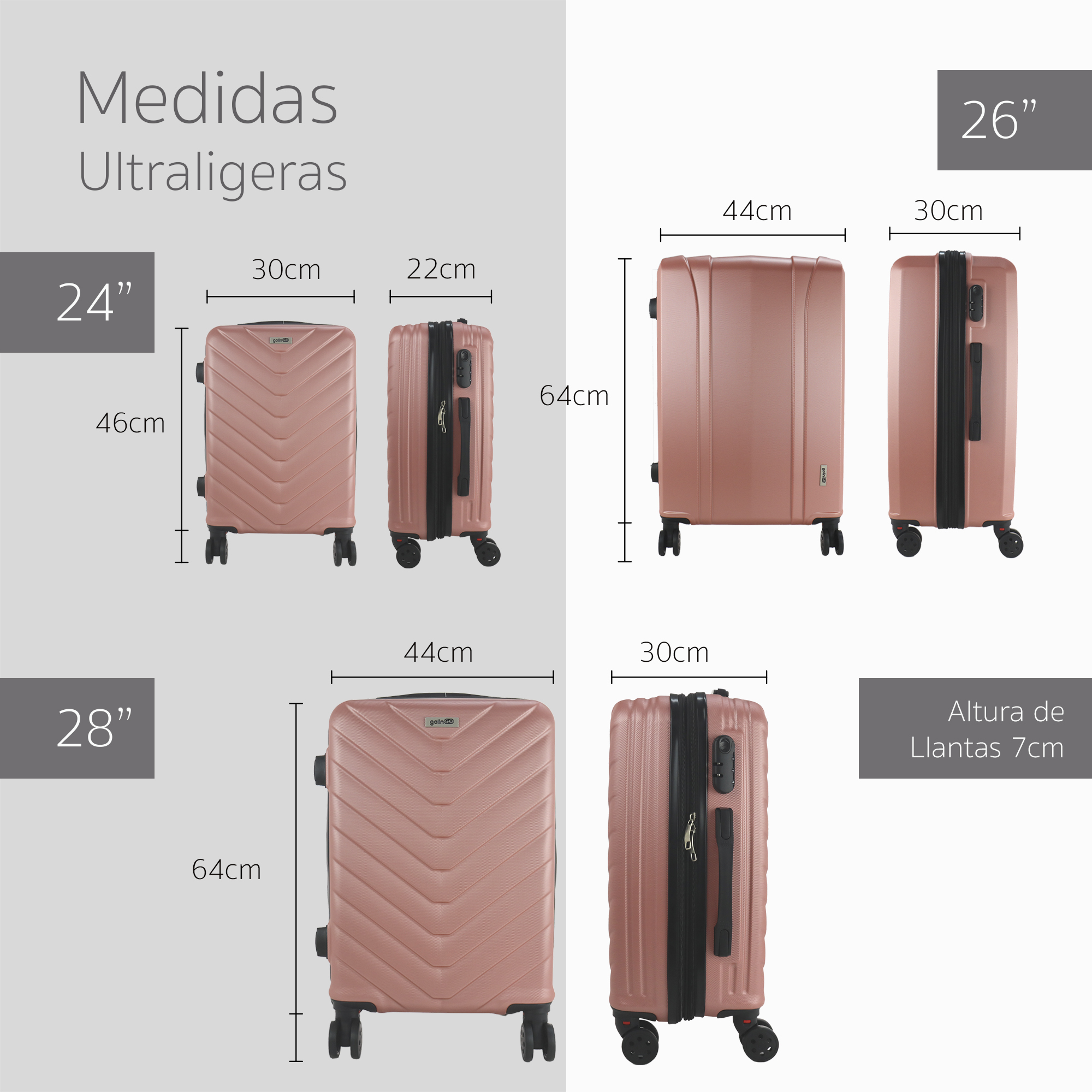 Maleta Set de 6 piezas Resistentes Rigidas Con Ruedas Giratorias removibles Asa Expandible TSA con Candado 14,18,20,24,26,28" ORO ROSA