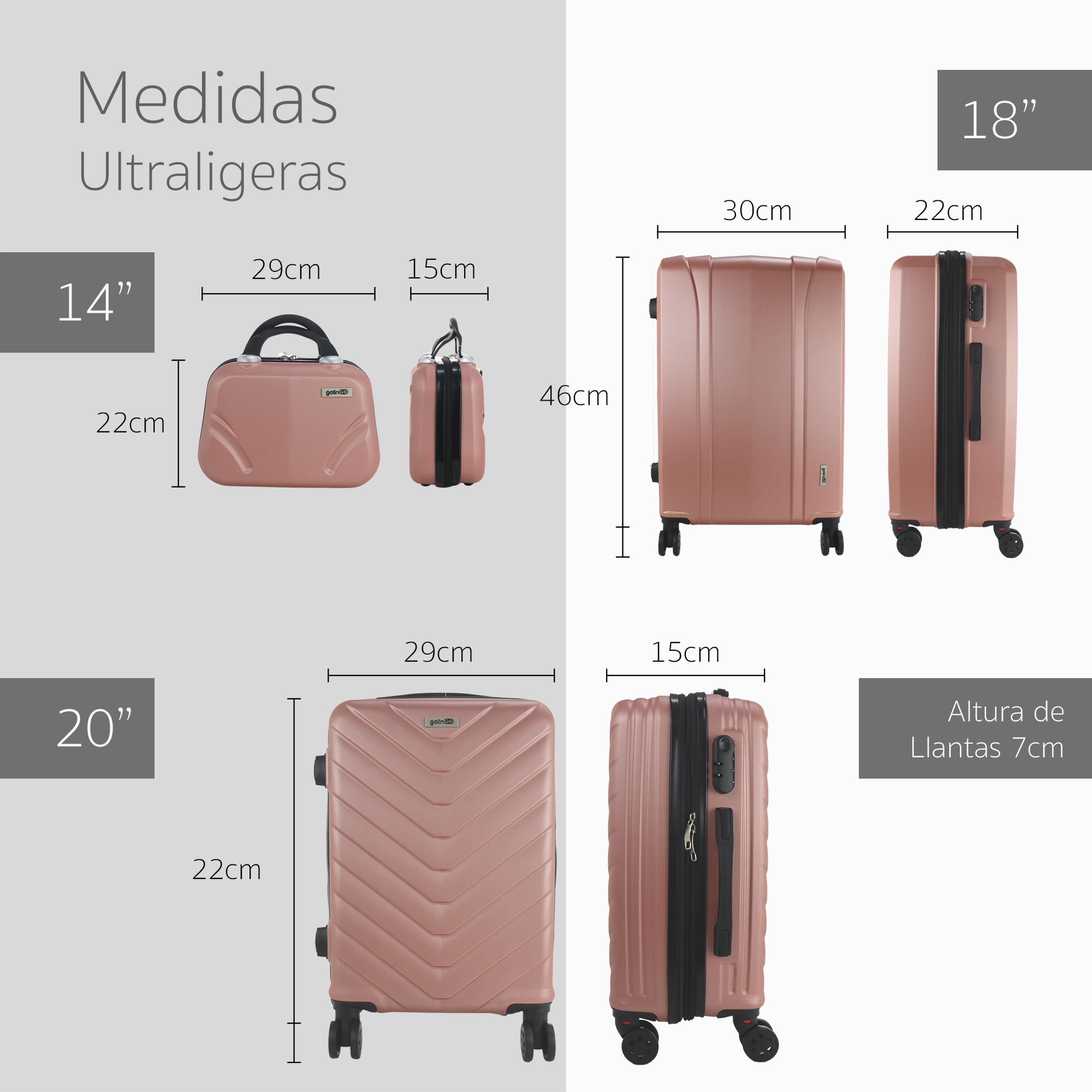 Maleta Set de 6 piezas Resistentes Rigidas Con Ruedas Giratorias removibles Asa Expandible TSA con Candado 14,18,20,24,26,28" ORO ROSA