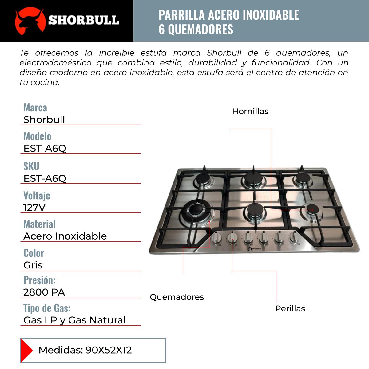 Estufa parrilla empotrable de Acero Inoxidable de 6 quemadores Shorbull