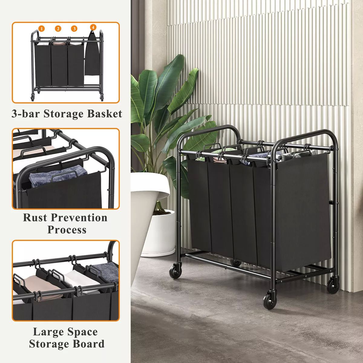 Cesto Para La Ropa Sucia Con Ruedas, 4 Compartimentos