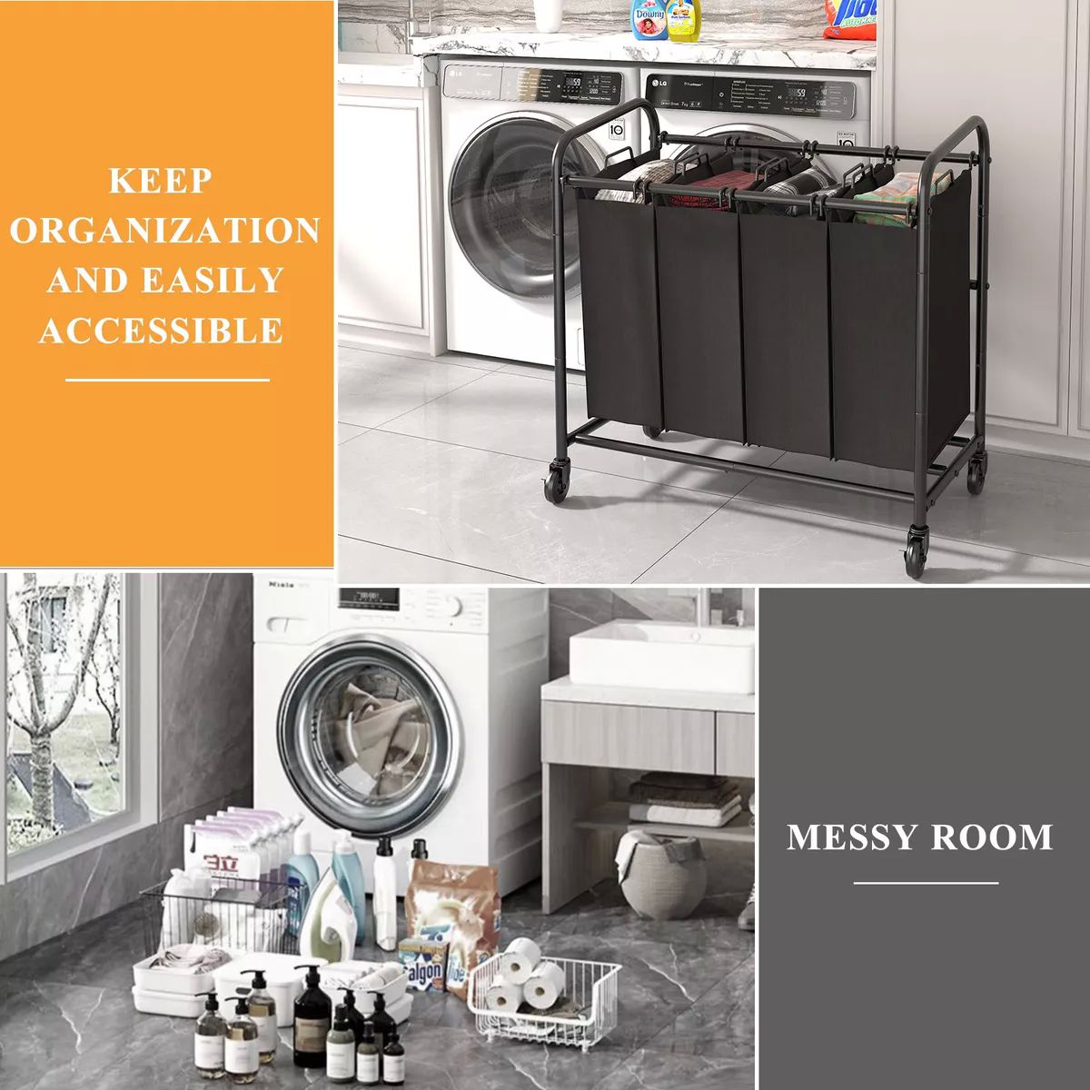 Cesto Para La Ropa Sucia Con Ruedas, 4 Compartimentos