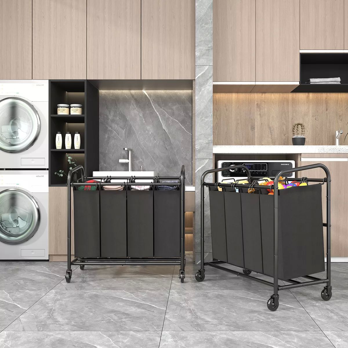 Cesto Para La Ropa Sucia Con Ruedas, 4 Compartimentos