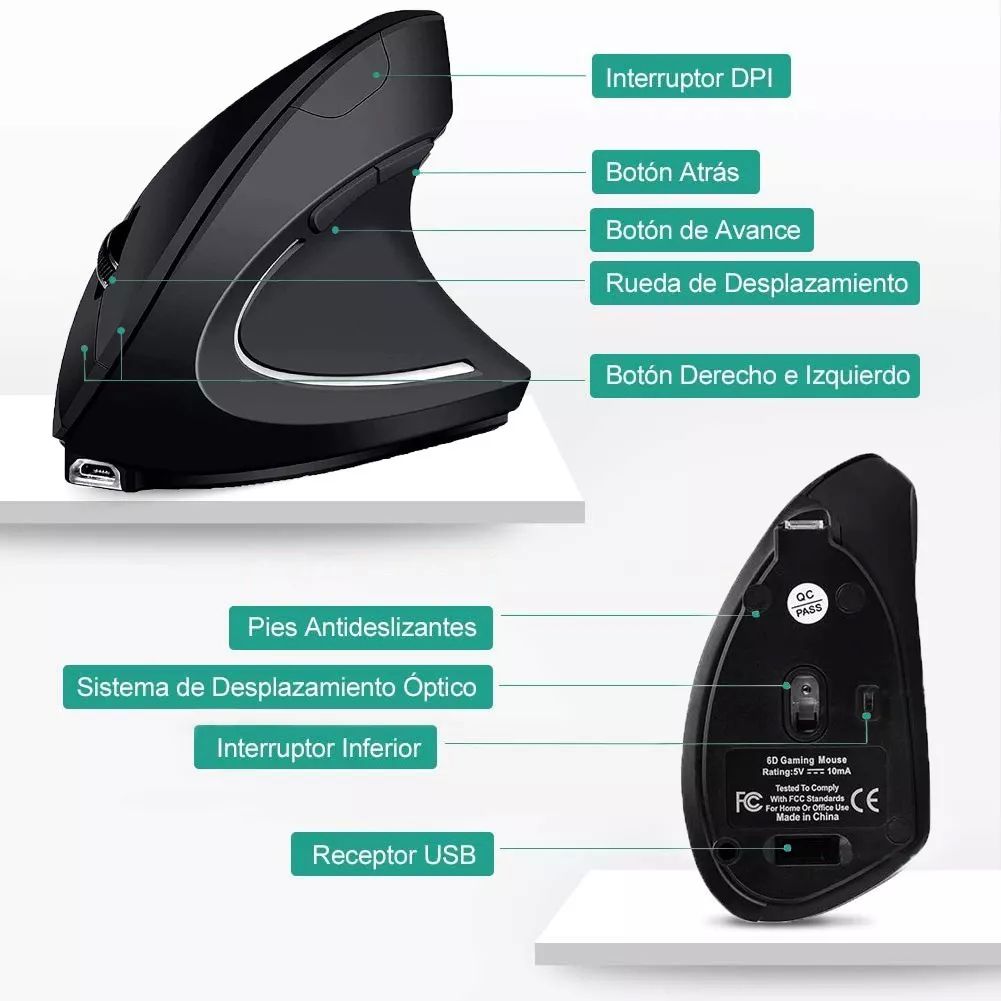 Mouse Vertical Inalámbrico 2.4g Ergonómico, Recargable
