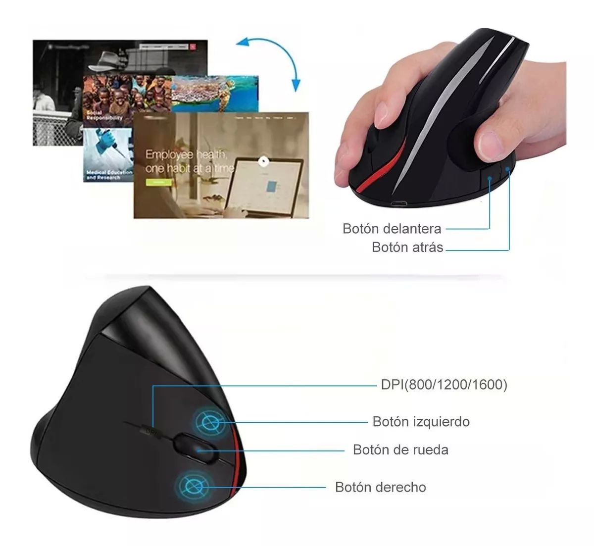 Ratón Ergonómico Inalámbrico Recargable, 2.4 Ghz Con 3 Dpis